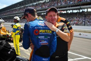 Emotional team owner, Brett Murray embraces Matt Brabham at the completion of the 100th running of the Indianapolis 500